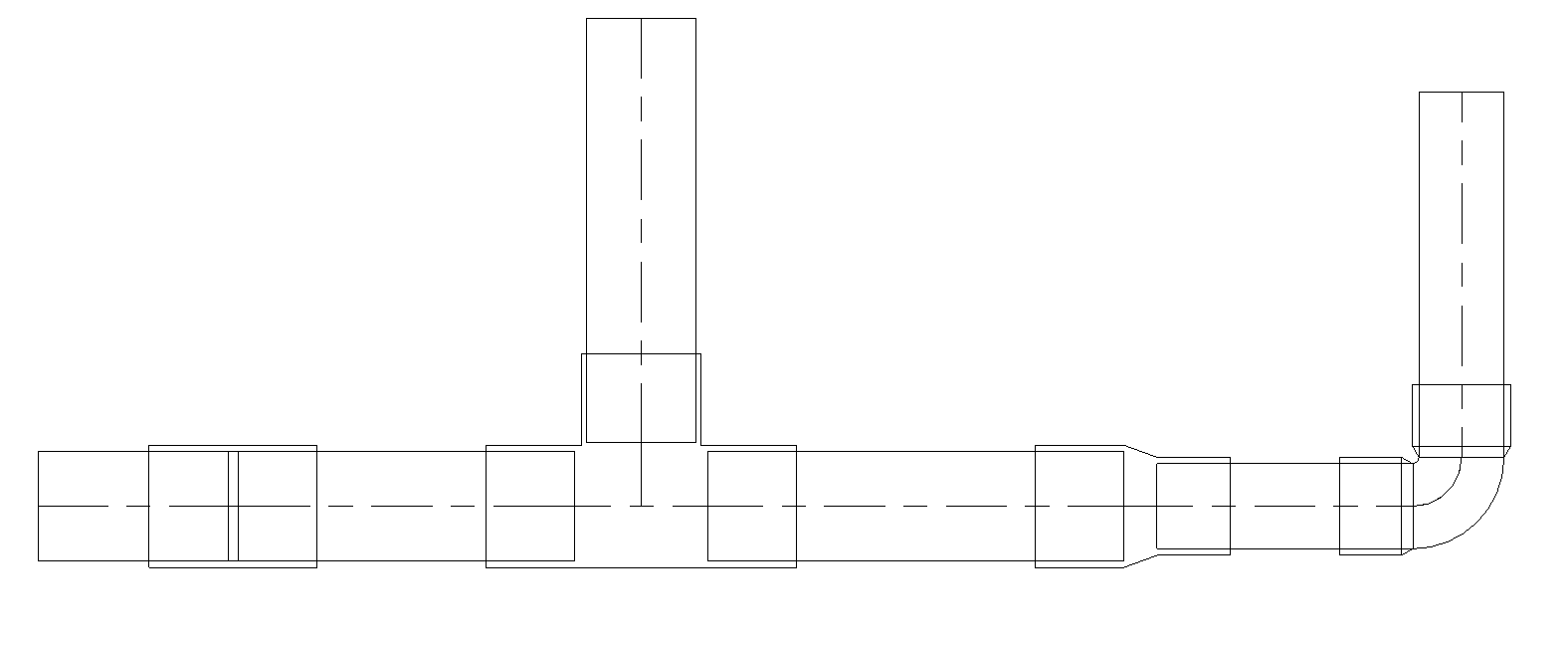 A wireframe drawing of a pipe system displays vertical and horizontal copper pipes connected using fittings such as tees and elbows. The pipe ends are visibly inserted inside the fitting sockets rather than terminating at the fitting edge, reflecting real-world installation practices. This setup ensures that material takeoffs in design software accurately reflect actual pipe lengths needed for construction.